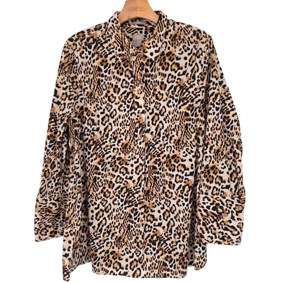 Chicos 2 Leopard  Button-Up Shirt tunic Womens Size XL No-Iron Cotton stretch - Picture 1 of 14